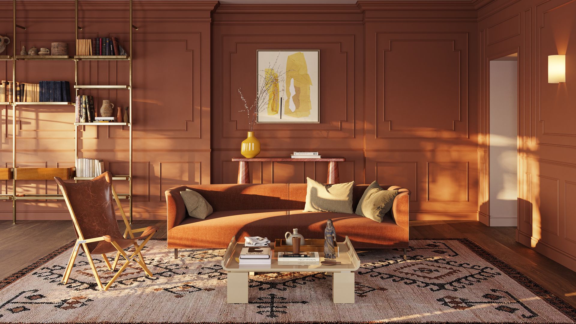 Salón con paneles decorativos con molduras, sofá beige, alfombra, estantería metálica, mesa de centro y molduras en el techo 