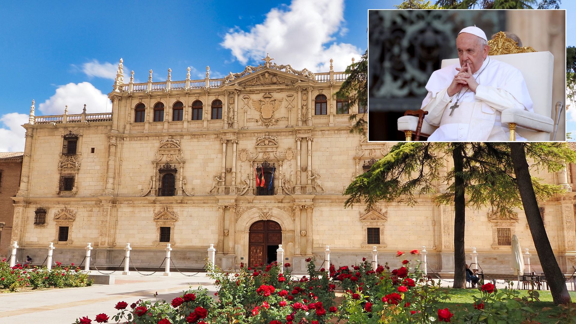 Fachada de la universidad de Alcalá de Henares, la ciudad universitaria española donde residió el papa Francisco cuando aún era Jorge Mario Bergoglio