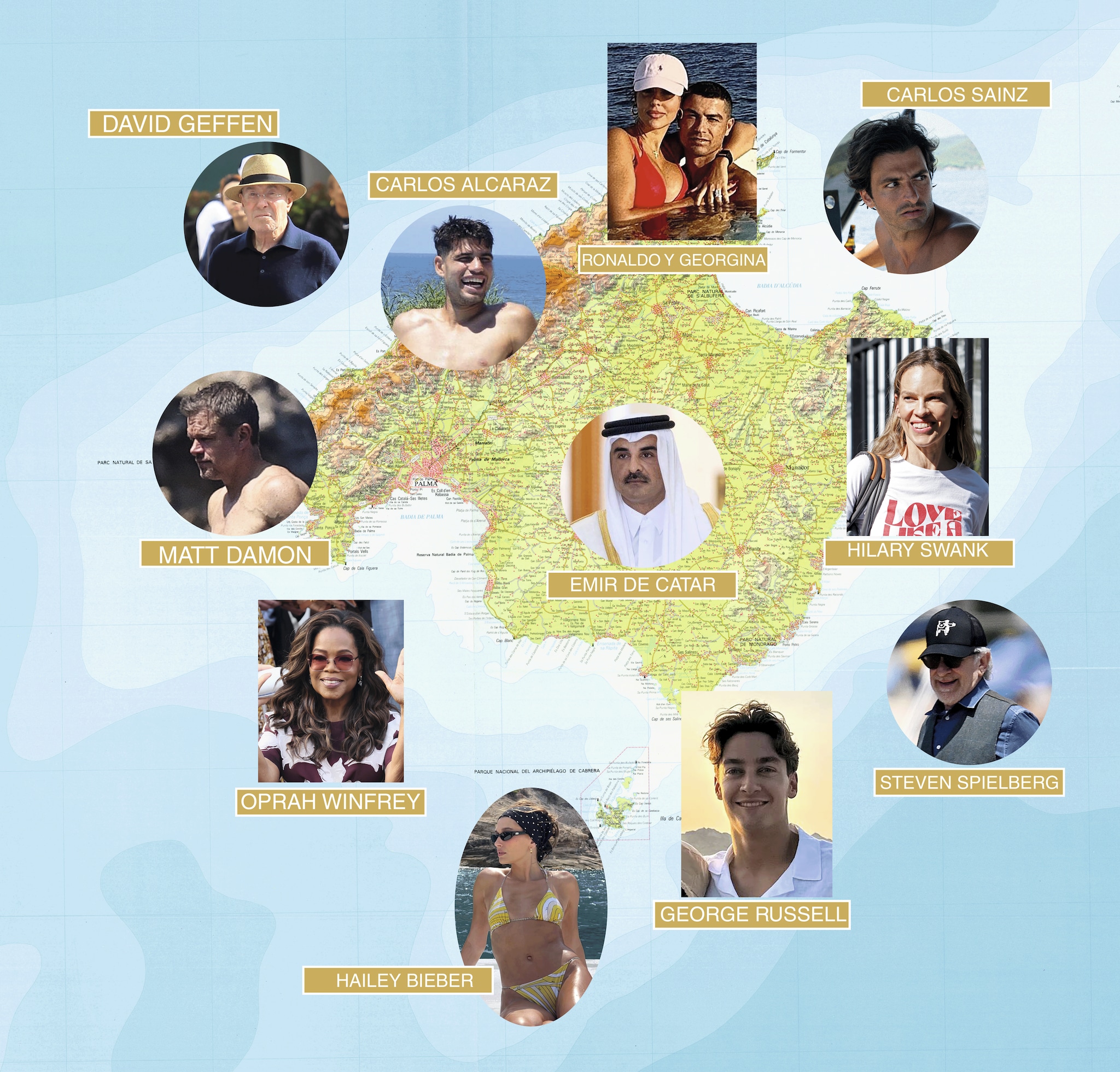 Bajo el cielo azul intenso del Mediterráneo y entre aguas cristalinas, las islas de Mallorca, Ibiza, Menorca y Formentera se consolidan, verano tras verano, como el paraíso predilecto de personalidades del mundo de la tecnología, como Jeff Bezos y Mark Zuckerberg; estrellas del cine, como Leonardo DiCaprio, Tom Cruise y Steven Spielberg, y deportistas, como Carlos Alcaraz, Marc Márquez y Carlos Sainz Jr., que disfrutan navegando el Mediterráneo en fabulosos yates y de fiestas exclusivas
