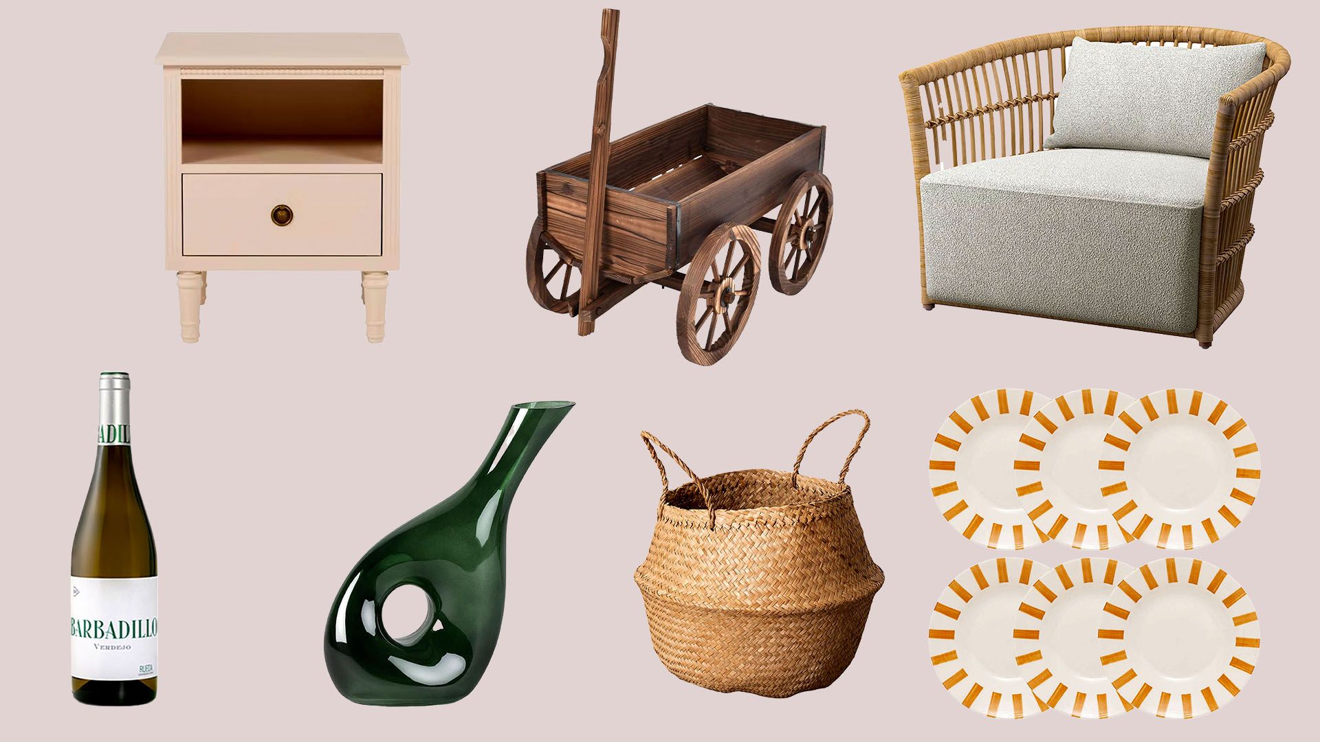 Arriba, de izquierda a derecha: mesita de noche de Maisons du Monde (90 €). Carretilla, de Costway (95 €).Sillón, de Ikea (349 €).
Abajo, de izquierda a derecha: Vino blanco verdejo, de Barbadillo (8,50 €). Decantador, de The Masie (21,95 €).Cesto, de Sklum (13,95 €). Platos,
de Atmosphera (24 €, set de 6).