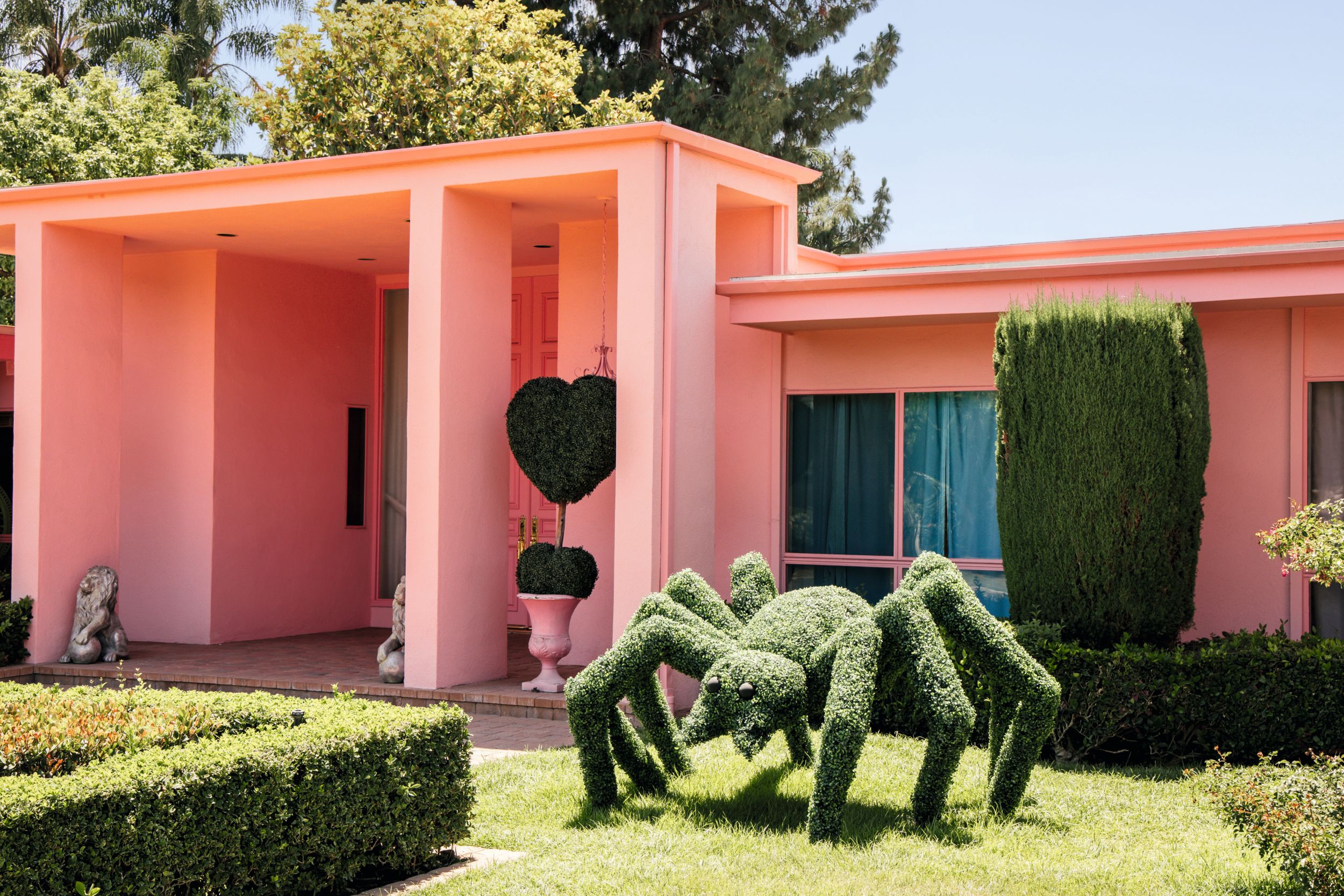 Detalle del topiario con forma de araña que tiene a las puertas de la casa