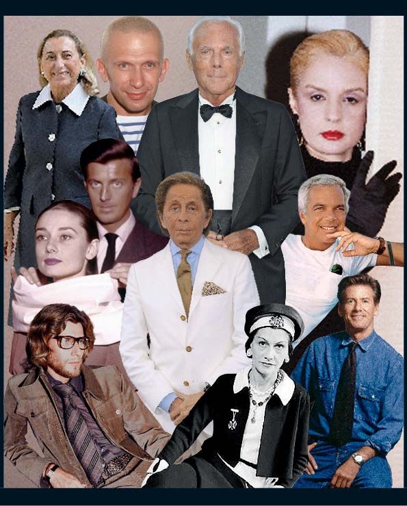 De izda. a dcha. y de arriba abajo, Miuccia Prada, Jean-Paul Gaultier, Giorgio Armani, Carolina Herrera, Hubert De Givenchy y Audrey Hepburn, Valentino Garavani, Ralph Lauren, Yves Saint-Laurent, Gabrielle Chanel y Calvin Klein