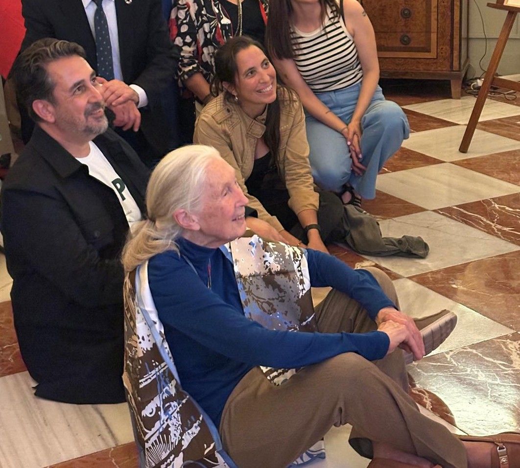 Jane Goodall, Rebeca Atencia y Federico Bodganowicz (direcyot de IJG España) en la visita de Jane Goodall a Málaga en mayo de 2025