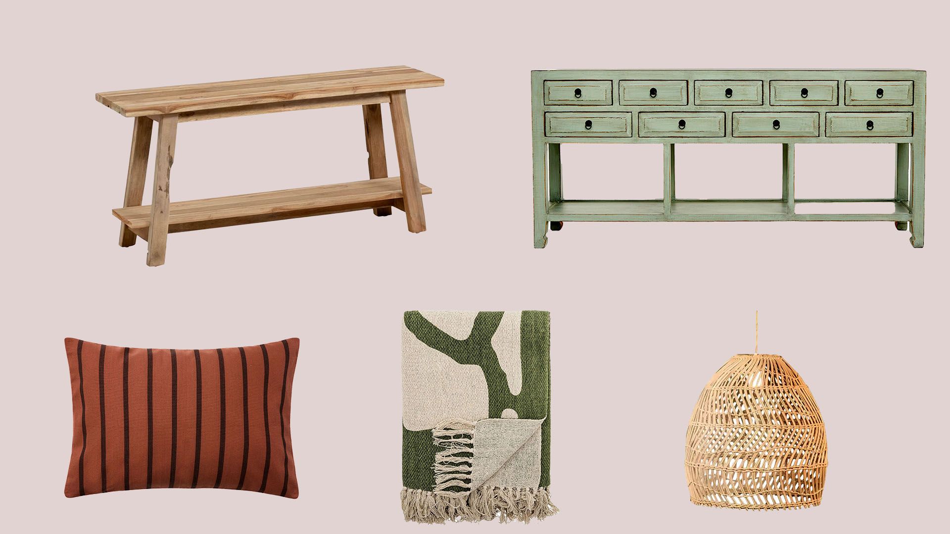 Banco, de Kave Home (299 €). Aparador de El Corte Inglés Home (1.100 €).Cojín, de Mango Home (19,99 €). Manta, de Blomingville (21,99 €). ámpara, de Kiki Lighting (99 €).