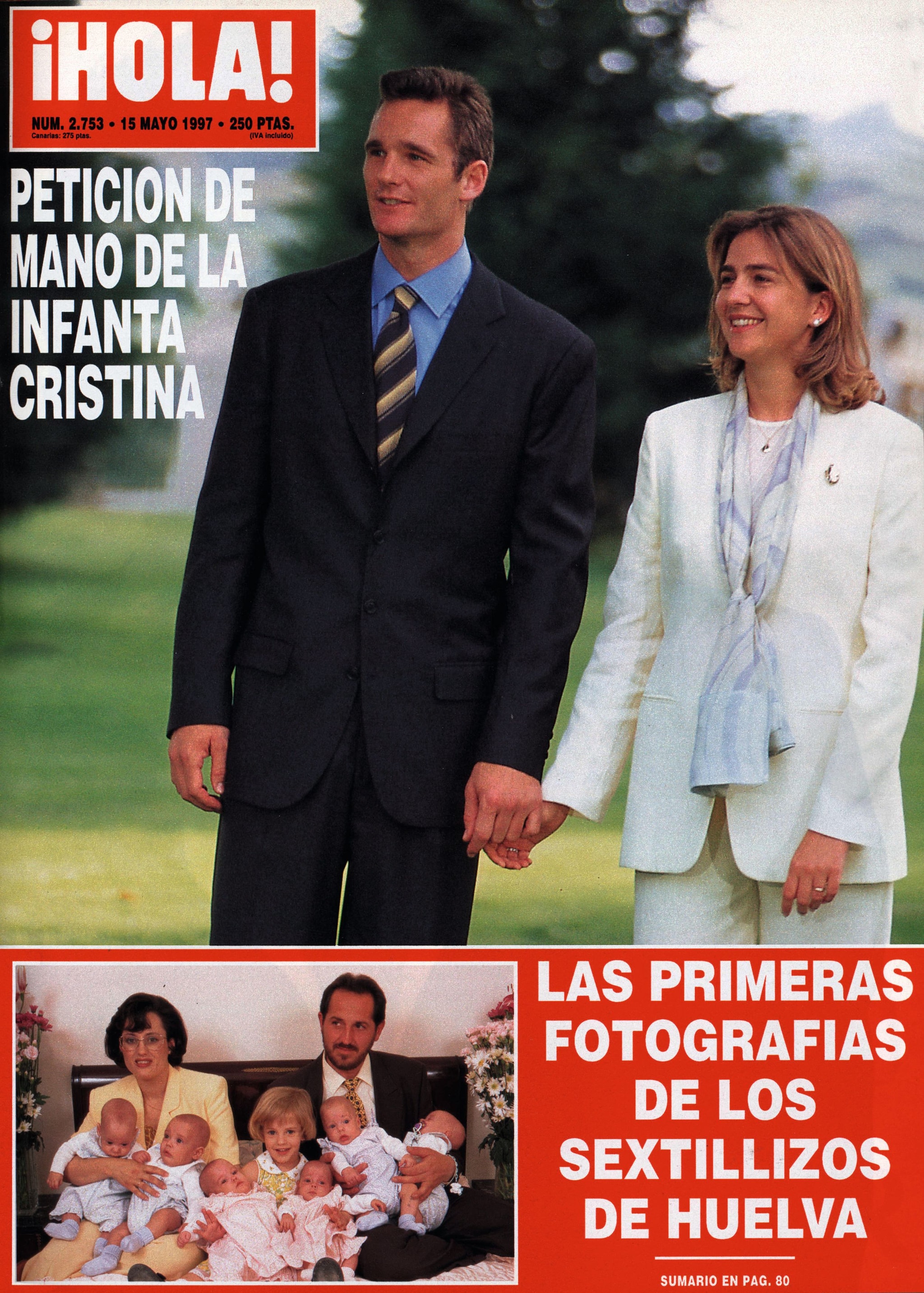 Iñaki Urdangarin e Infanta Cristina de España, vestidos formales, sostienen manos en portada de revista.