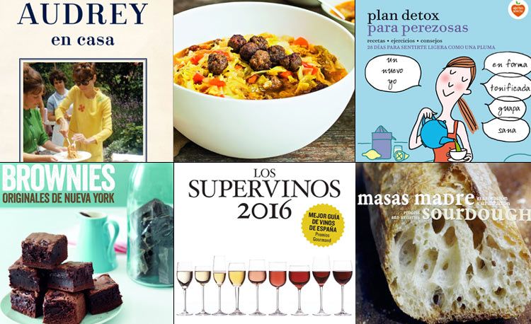 Collage de imágenes con libros de cocina y alimentos, incluyendo a Audrey Hepburn en uno de los libros.