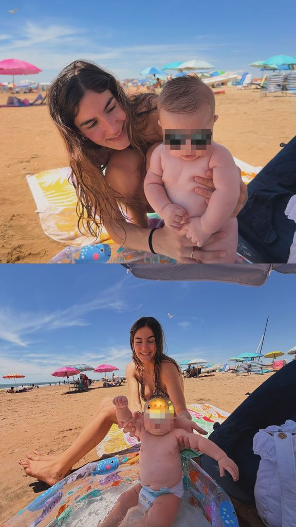 Blanca Llandres, con su pequeño Marcos en la playa