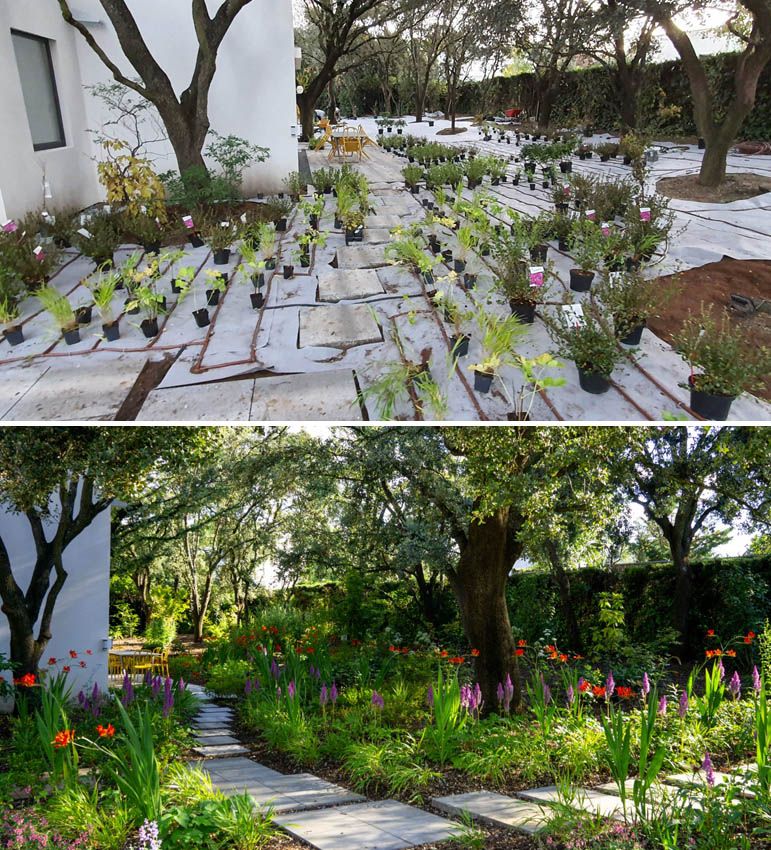 Dos momentos del jardín, el de la plantación y luego con los cultivos establecidos en primavera, la época florida por excelencia