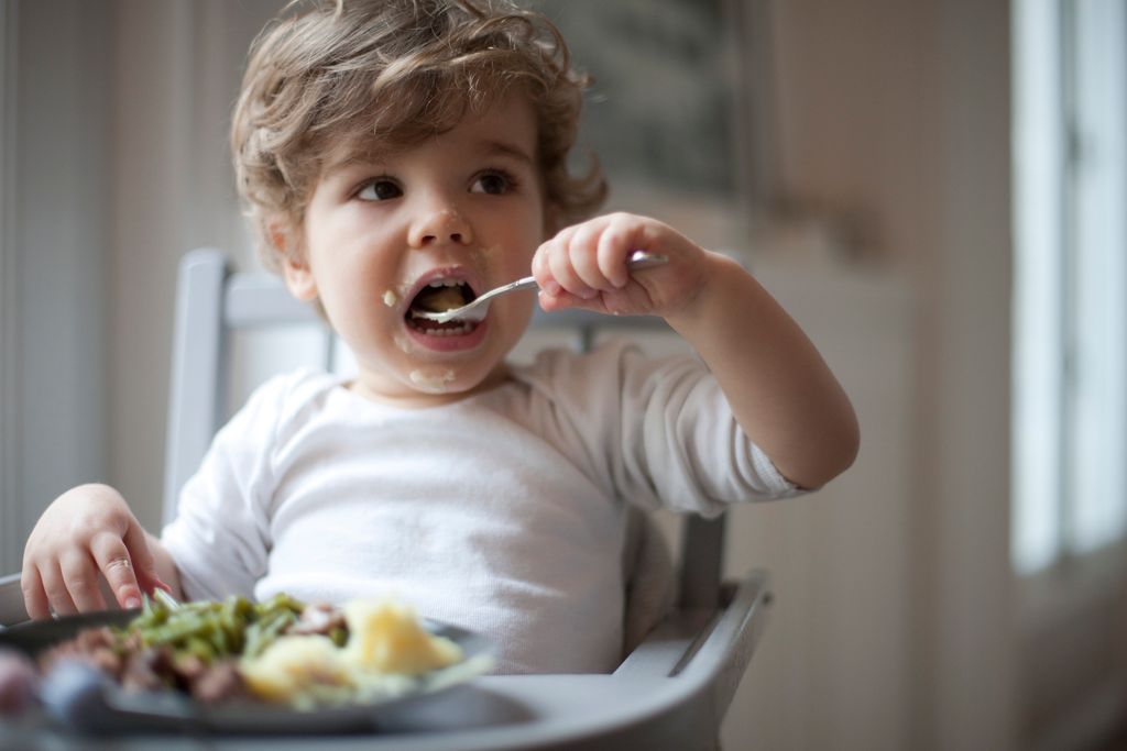 Niño pequeño comiendo solo un plato saludable