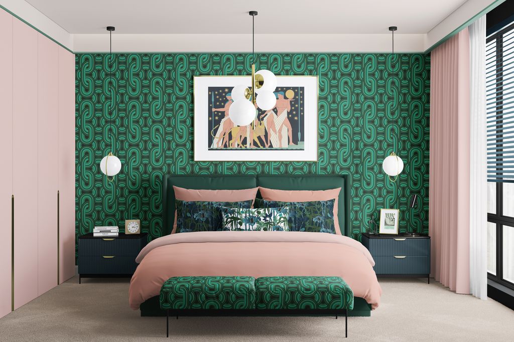Dormitorio decorado en rosa y verde