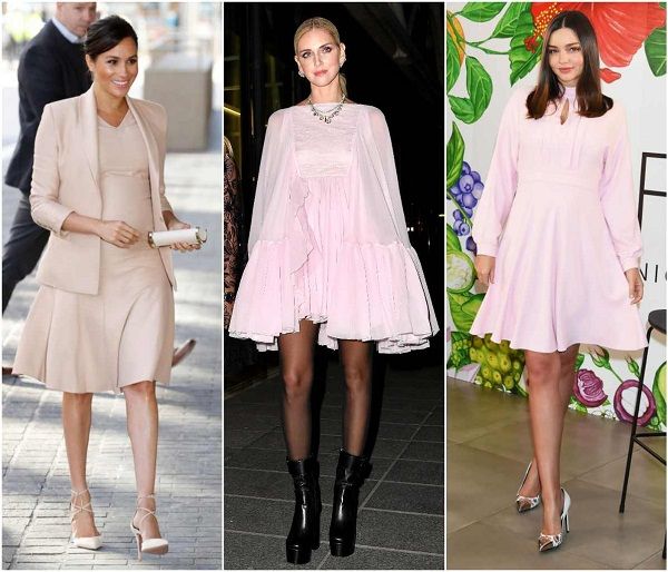 Meghan Markle. Chiara Ferragni y Miranda Kerr con vestidos cortos en rosa