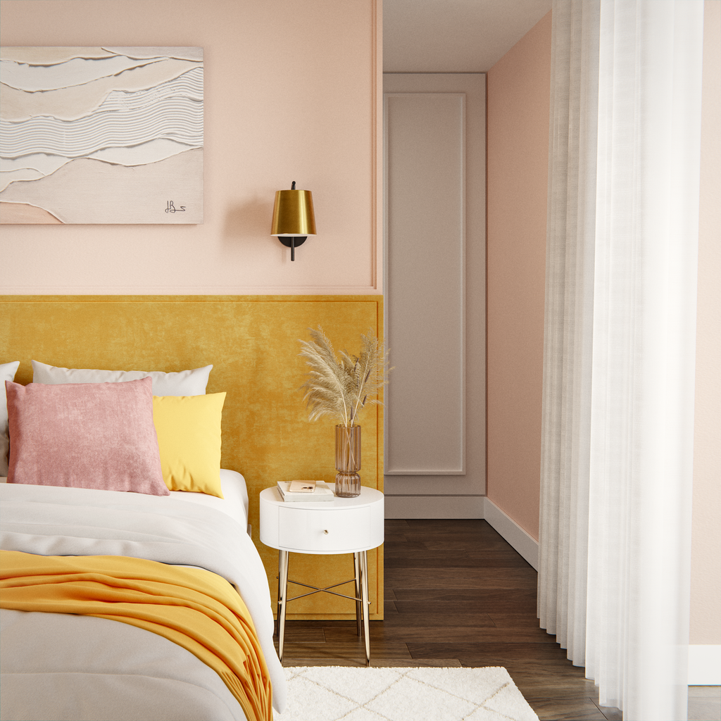 Dormitorio con pared rosa suave. 