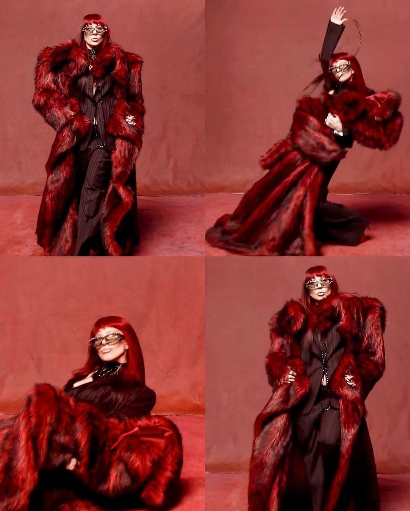 Lady Gaga, con un abrigo rojo de pelo diseñado por Luis de Javier