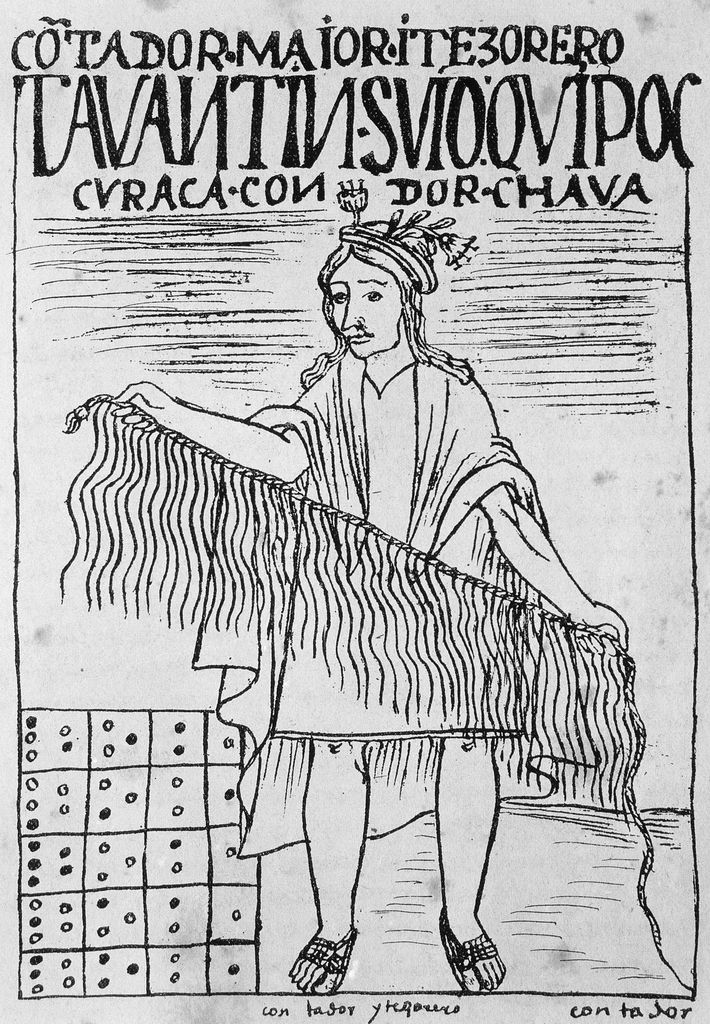 Ilustración de Felipe Guamán Poma de Ayala en su Nueva crónica y buen gobierno (1587), donde aparece un hombre inca sosteniendo un quipu, el sistema de cuerdas y nudos utilizado para registrar y contar información en el Imperio Inca