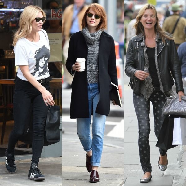 KATE MOSS: 1,67-1,70 m. Y EMMA STONE: 1,68 m. La estatura de Kate Moss es algo así como el secreto mejor guardado de la élite de las modelos: fue la más bajita de su generación, allá por los años 90, una rara avis en aquellos años, cuando lo que se llevaba eran las modelos de piernas interminables 'a la' Naomi Campbell, y que se justificaba por su enorme talento para cautivar a la cámara. Aunque en su agencia de modelos, Storm Models, la clasifican entre las maniquíes que sobrepasan el 1,70 m. de esta estatura, esta cifra se ha puesto en entredicho a menudo, especialmente al comparar a la top con otras modelos en pasarela. No es común ver a Kate bajarse de los tacones, aunque cuando lo hace, suele llevar zapatos planos casi exclusivamente con vaqueros. Lo mismo que Emma Stone, que también se apunta al denim con bajo remangado y abrigo tres cuartos.
