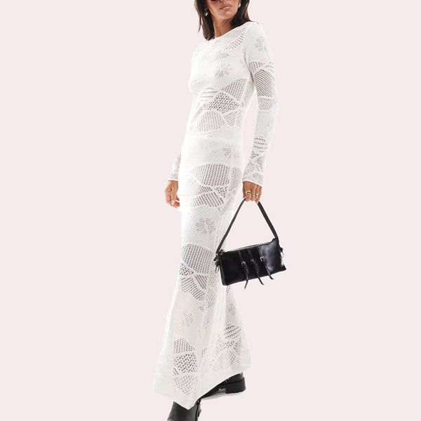 Vestido largo blanco con patrón variado de croché de Mango