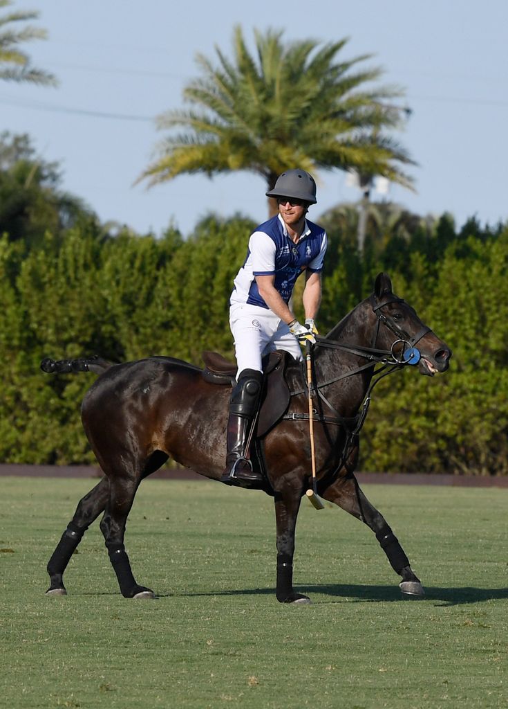 El príncipe Harry en un partido de polo en beneficio de la fundación Senteable en abril de 2024, en Wellington, Florida.
