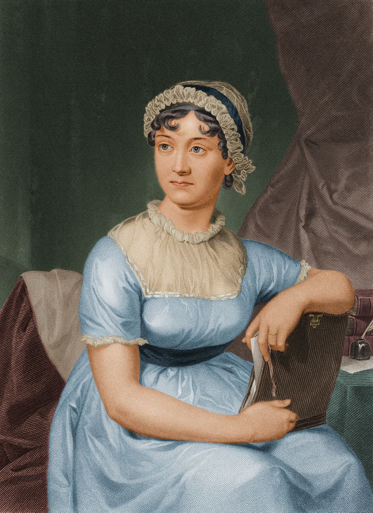 Retrato de la escritora Jane Austen con vestido azul