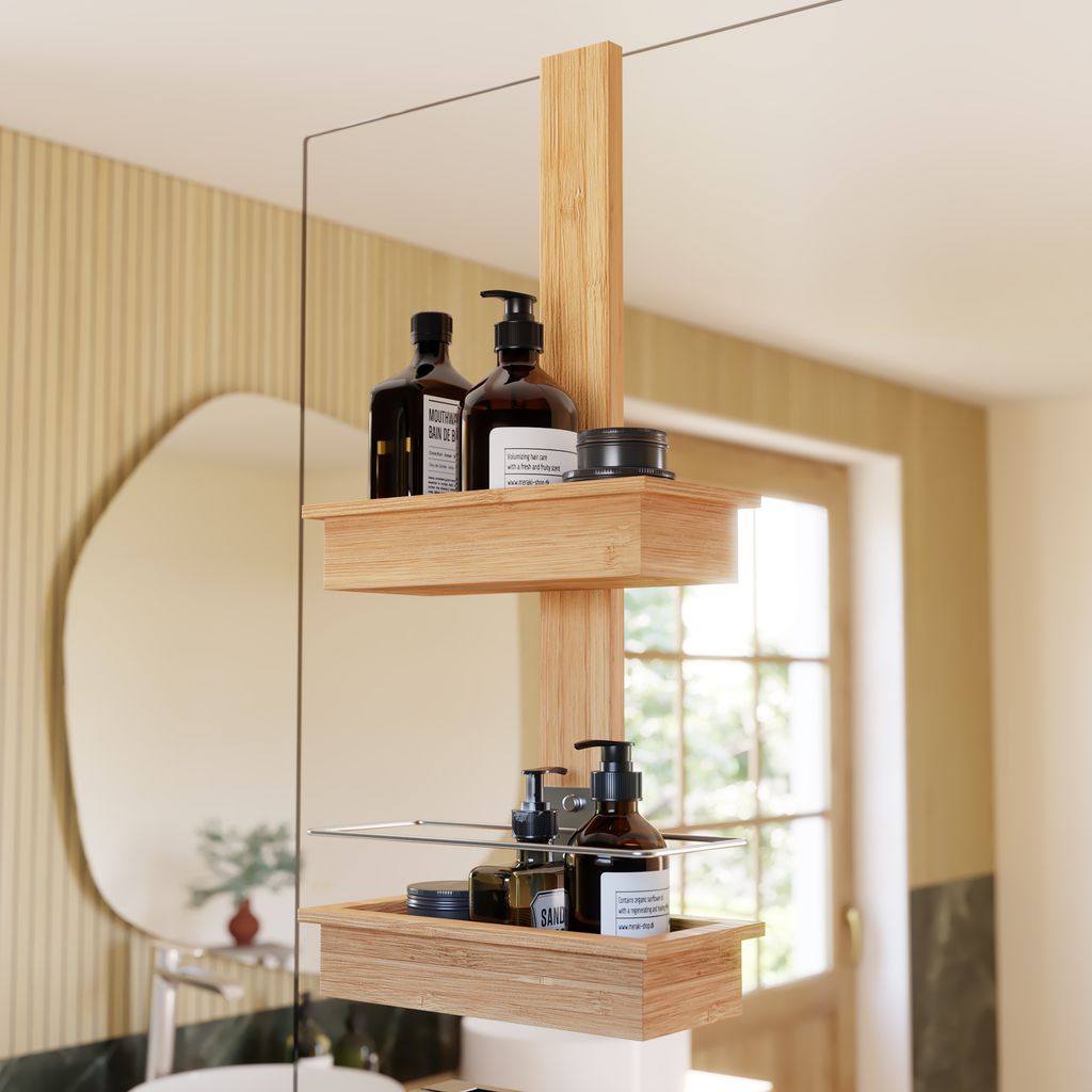 Estantería de madera para colgar en la mampara de la ducha