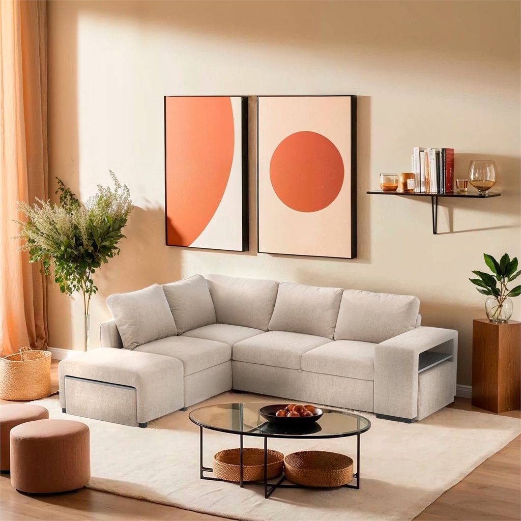 Sofá con chaise longue con arcón, puf y estante