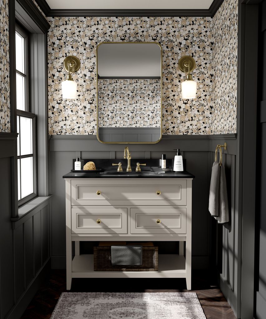 Baño con mueble blanco y revestimientos en gris oscuro