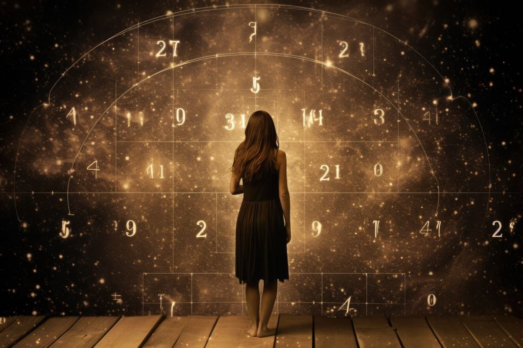 Mujer de pie sobre un suelo de madera rodeada de números mágicos, adivina, numerología, concepto de predicción del futuro.