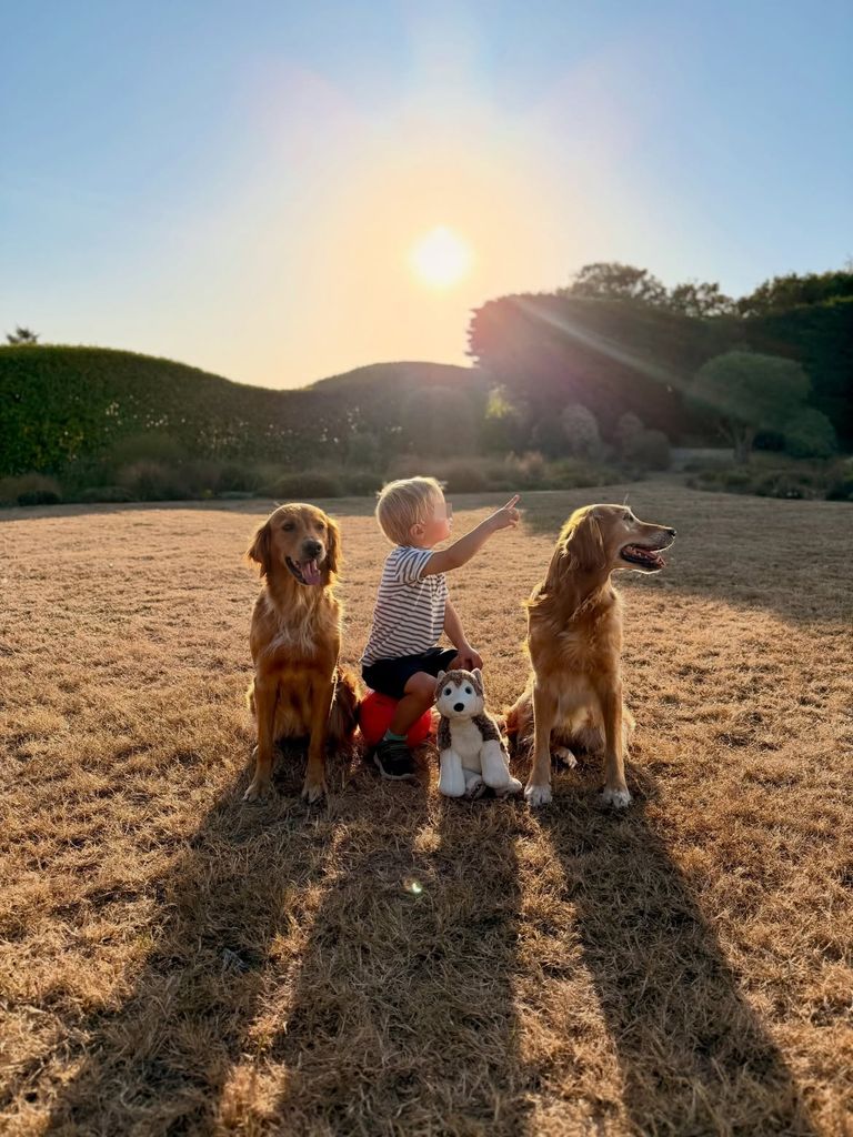 Íñigo contempla el eclipse acompañado por dos de los perros de la familia y con un perro de peluche a sus pies