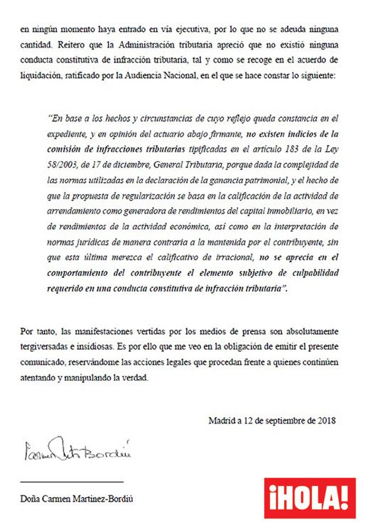 Carmen Martínez-Bordíu explica en un comunicado su situación judicial con Hacienda 