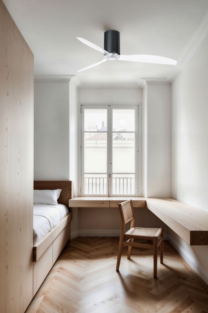 Dormitorio con ventilador de techo