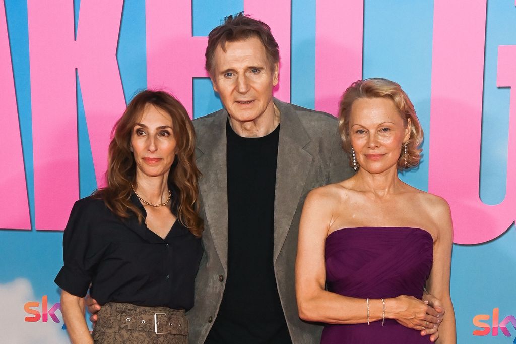 (L to R) Erica Huggins, Liam Neeson, and Pamela Anderson 