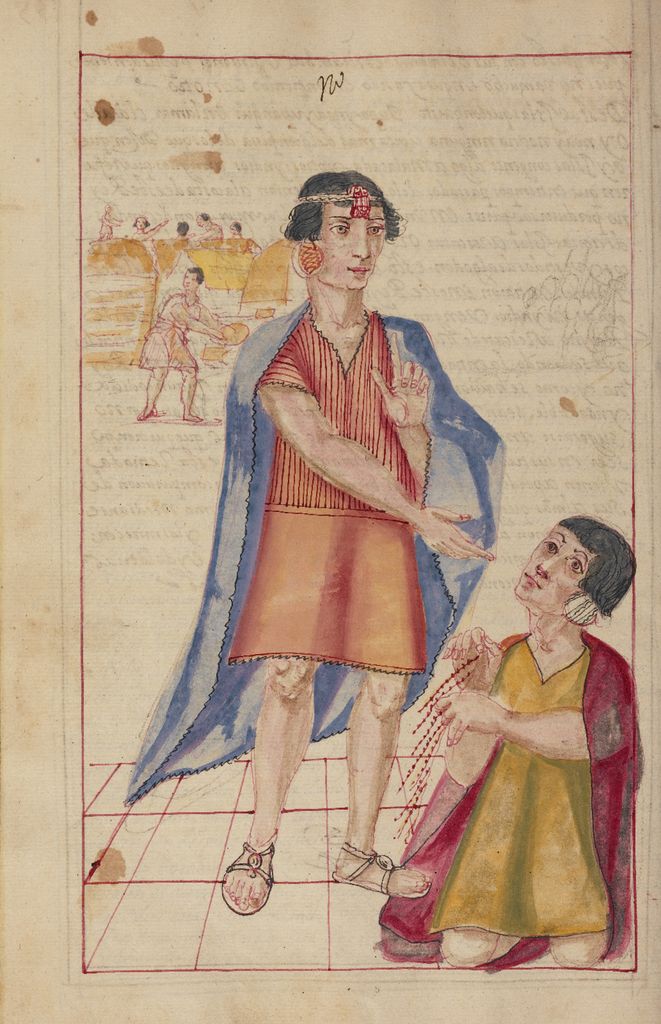 Representación de Túpac Inca Yupanqui junto a un quipucamayoc —el especialista en quipus—, reflejando cómo estos sistemas de cuerdas y nudos eran clave en la gestión y administración del Imperio Inca