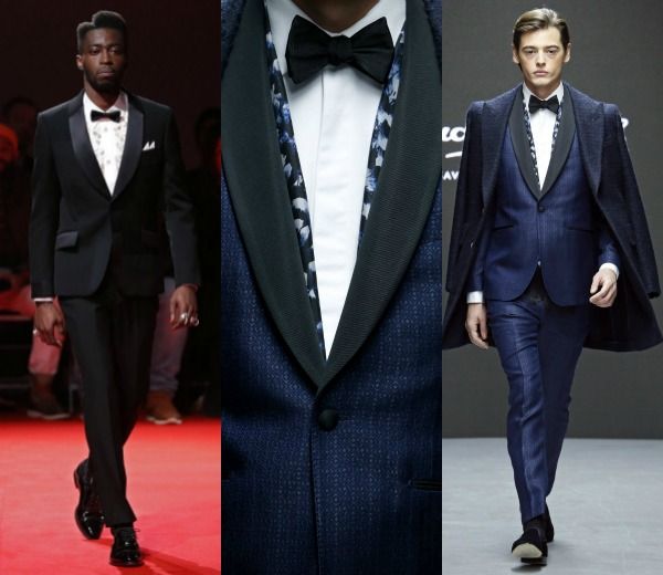 Tres vesiones contemporáneas del esmoquin, presentadas entre las recientes colecciones otoño-invierno 2015-2016, de Junya Watanabe, Hardy Amies y Dolce & Gabbana. 