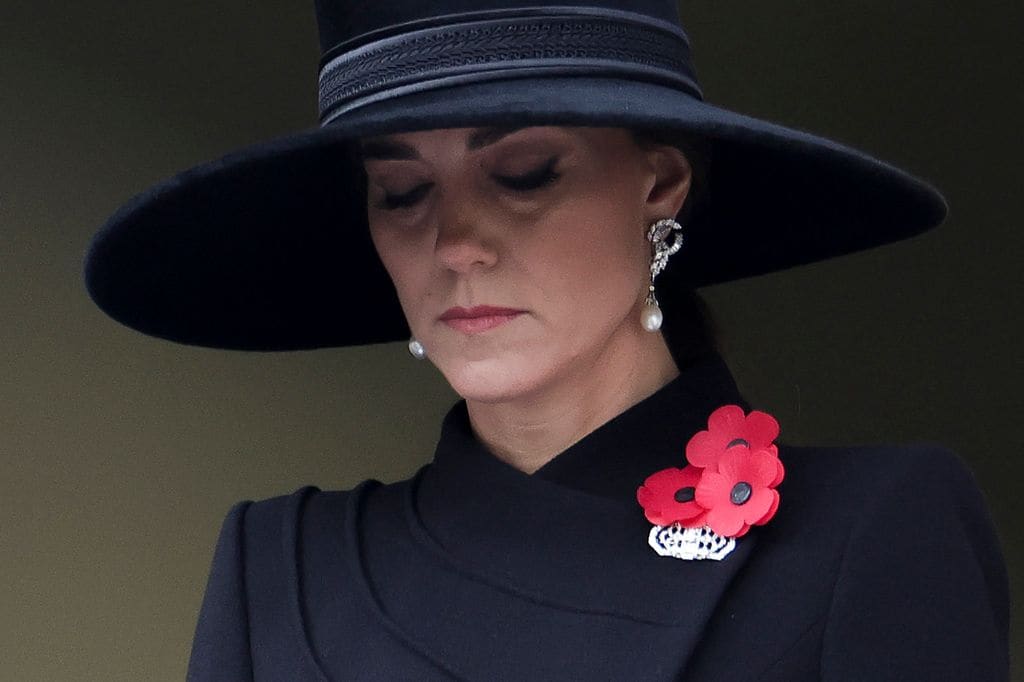 Primer plano de Kate Middleton con abrigo negro y sombrero