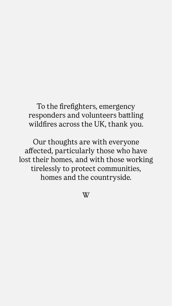 El mensaje que los príncipes de Gales han compartido en sus redes sociales tras los diversos incendios que están azotando Inglaterra y Gales