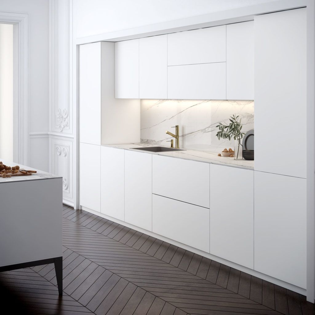 Cocina blanca con suelo negro