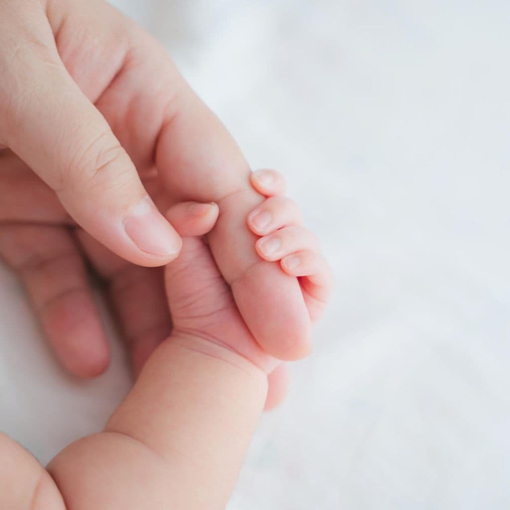 Bebé coge dedo de su madre