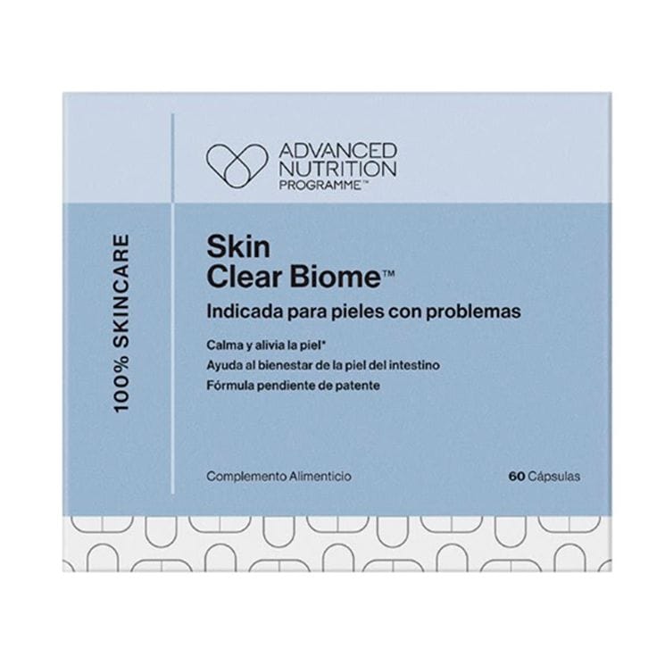 Skin Clear Biome de Advanced Nutrition Programme (41 euros), complemento a base de cuatro cepas probióticas y levaduras para tratar problemas como el acné o la rosácea. 