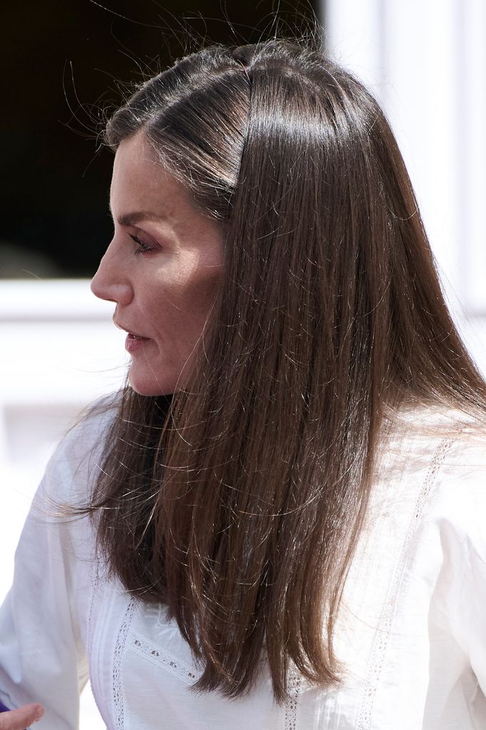 MADRID, SPAIN - APRIL 10: Queen Letizia of Spain receives a representation of the ANAR Foundation at the Zarzuela Palace on April 10, 2025 in Madrid, Spain. (Photo by Carlos Alvarez/Getty Images)