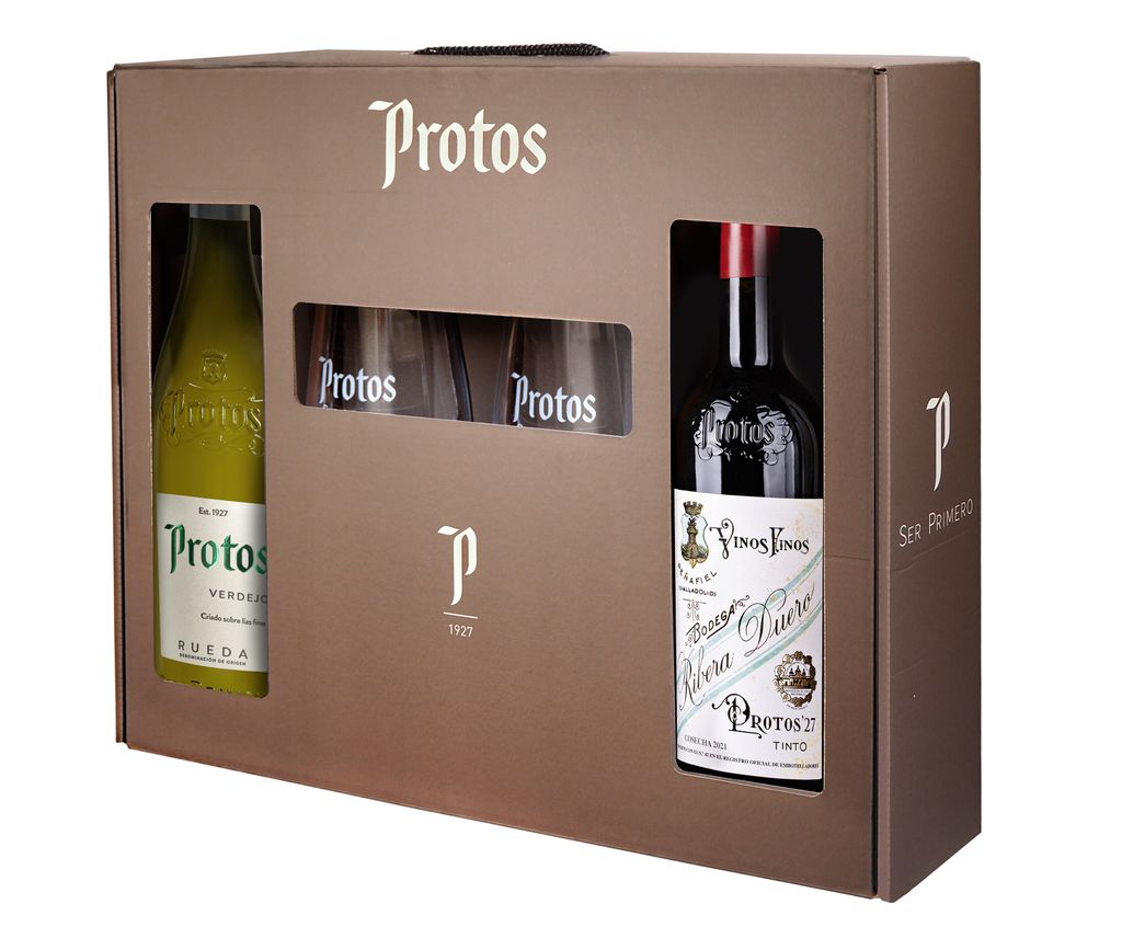 Bodegas Protos propone para regalar a nuestras madres un estuche de dos de sus vinos y copas.