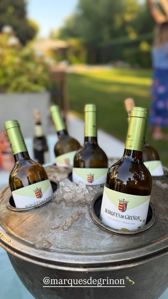 Botellas de vino Marqués de Griñón en cubo de hielo en patio con mujer de vestido floral.