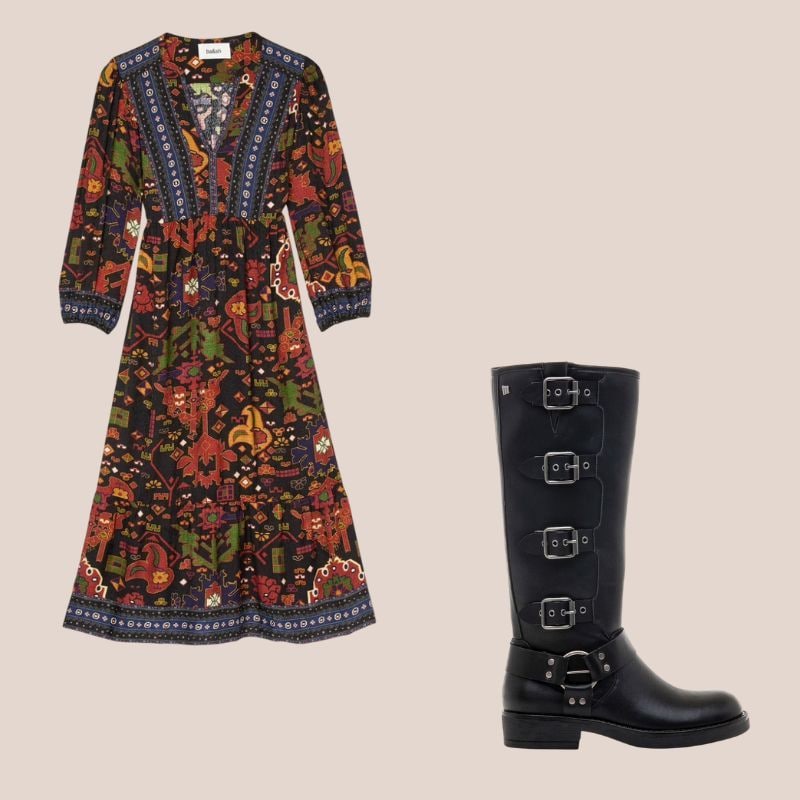 vestido bohemio y botas biker