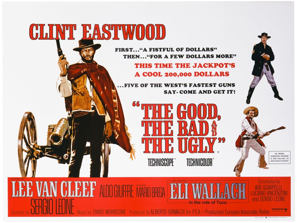 Cartel de 'El bueno, el feo y el malo', el western de Sergio Leone estrenado en 1966 y protagonizado por Clint Eastwood, Eli Wallach y Lee Van Cleef y en donde se le da protagonismo al cañon