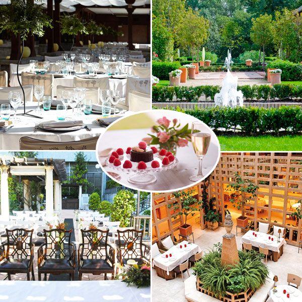 Collage de imágenes de un evento en un restaurante con mesas decoradas y jardines bien cuidados.
