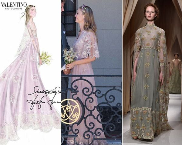 Este vestido de la colección Couture Primavera-Verano 2015 sirvió de inspiración para el de Beatrice, en rosa pálido con capa en chiffon y bordados florales blancos
