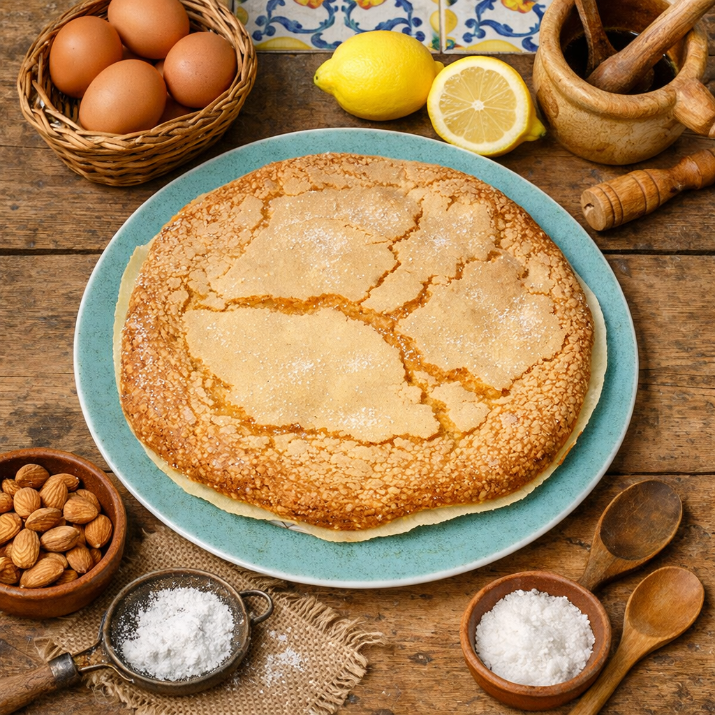 Tarta de almendras en plato azul, rodeada de ingredientes como huevos y limones.