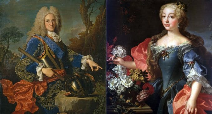 El rey Felipe V de España (1683-1746) y la segunda esposa de éste, Isabel de Farnesio (1692-1766), padres de María Antonia Fernanda de Borbón 
