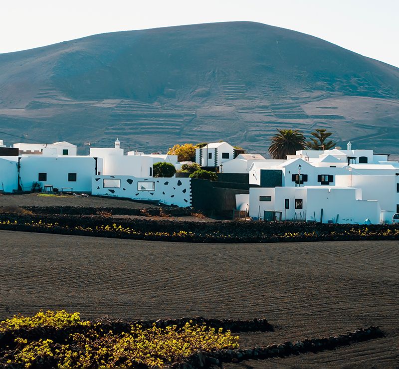 Las casas blancas de una sola altura, e integradas en el paisaje, son inseparables de la arquitectura de Lanzarote.