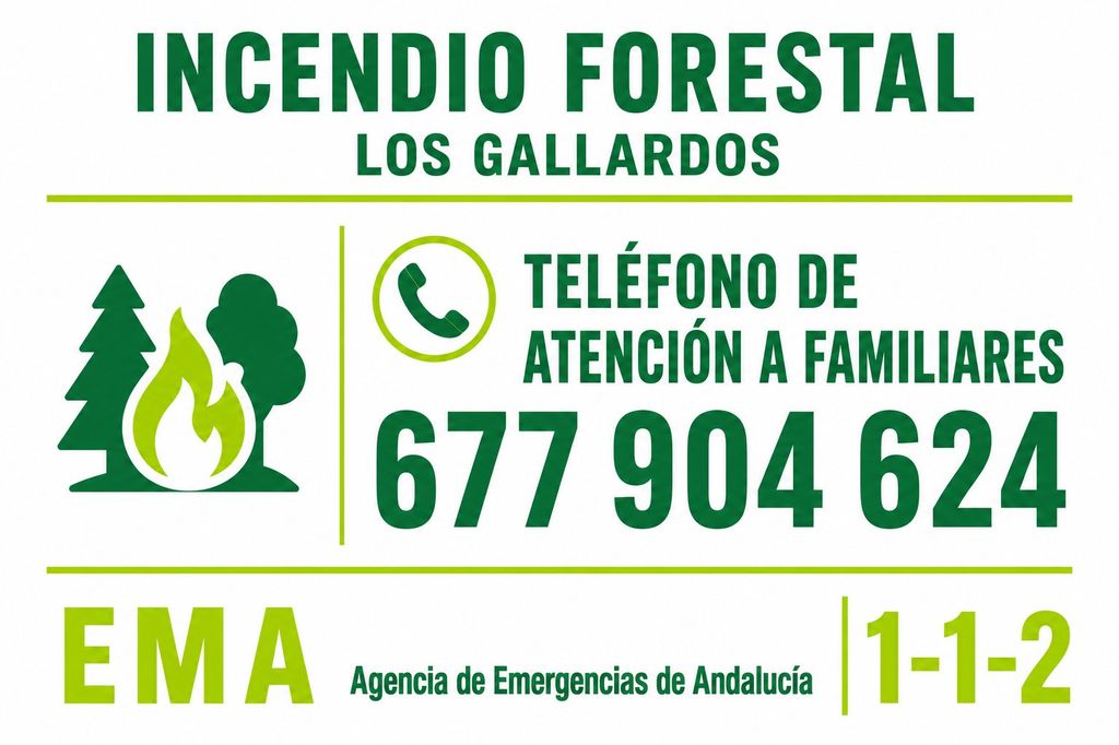 El 112 Andalucía ha habilitado el teléfono 677 904 624 para ofrecer apoyo psicológico e información a los familiares de las víctimas y personas afectadas por el incendio de Los Gallardos