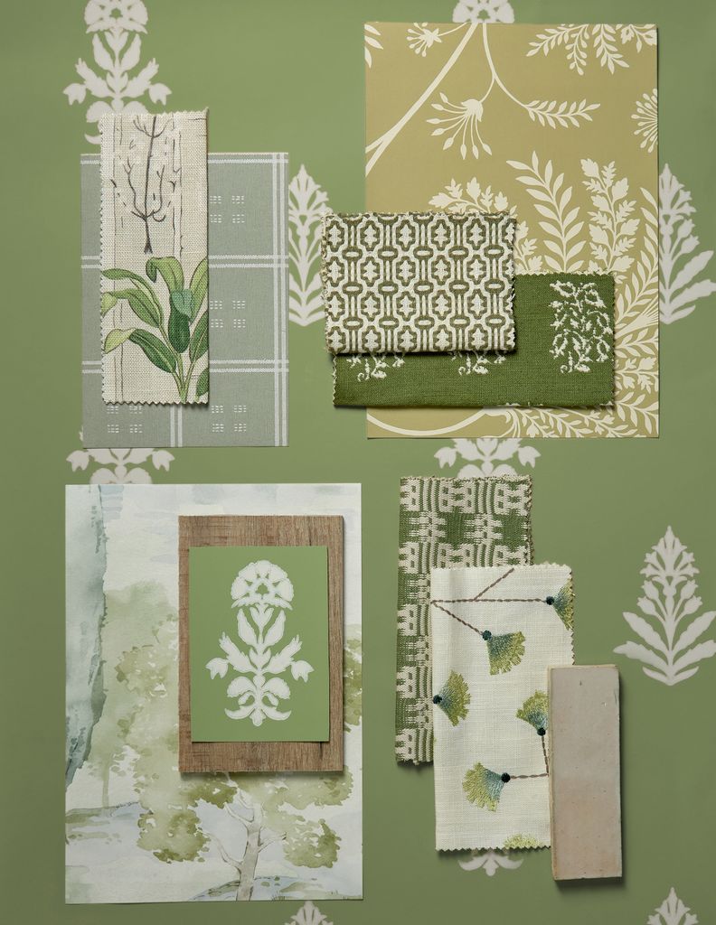 Mood Board con telas y papeles en tonos verdes