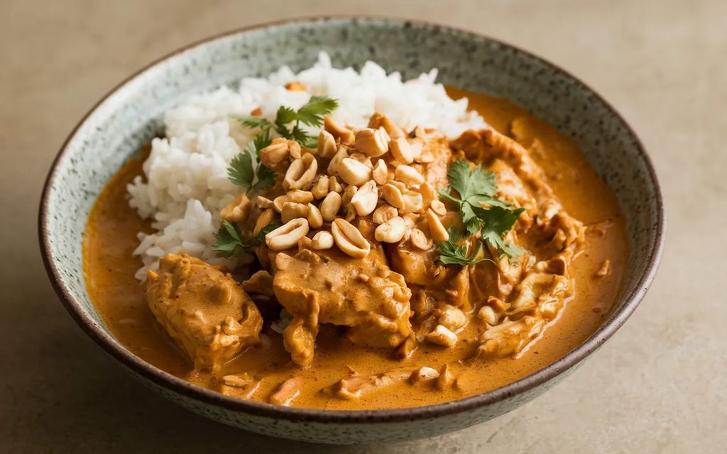 El arroz con pollo en salsa de cacahuete es una receta tradicional de la cocina africana que combina una salsa cremosa y especiada con arroz blanco.